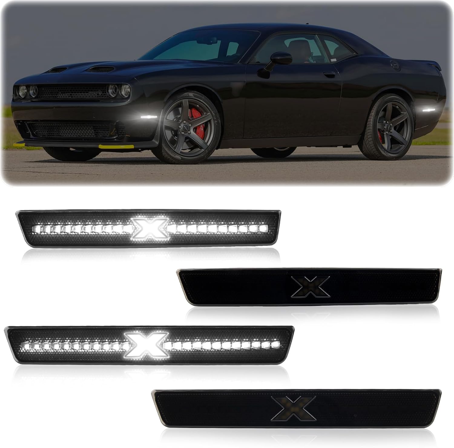 POPMOTORZ White LED Side Marker Light Assembly For 2015 2016 2017 2018 2019 2020 2021 2022 2023 Dodge Challenger Front Rear Fender Bumper LED Side Marker Lamps [PATENT PENDING] X-Smoked Lens 4PCS