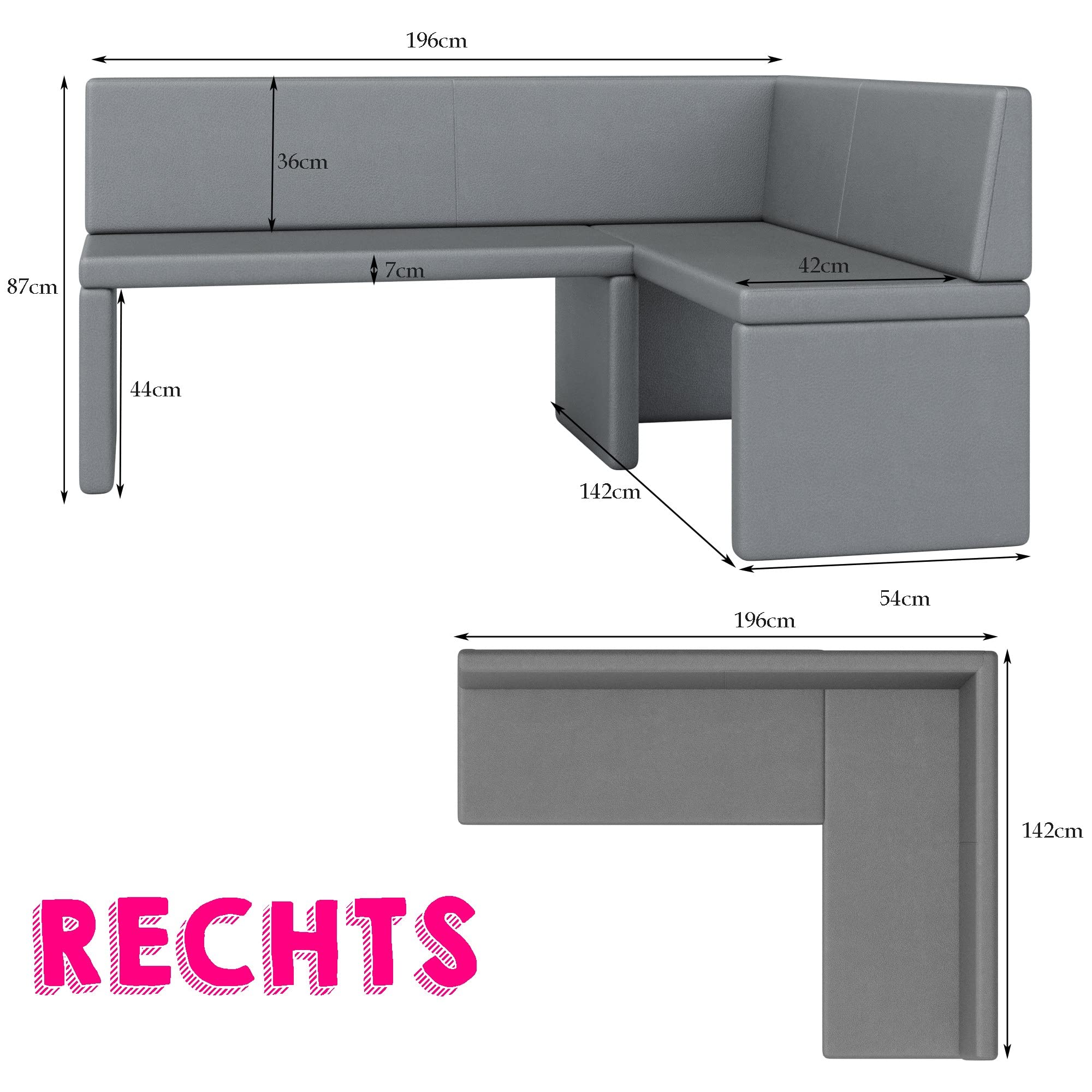 Eckbank Akiko Corner Bench - Eckbankgruppe für Ihrem Esszimmer, Küche modern, Sitzecke, Essecke. Perfekt für Küche, Büro und Rezeption. Solide und Starke Verarbeitung. (INARI 28, 196x142cm rechts)