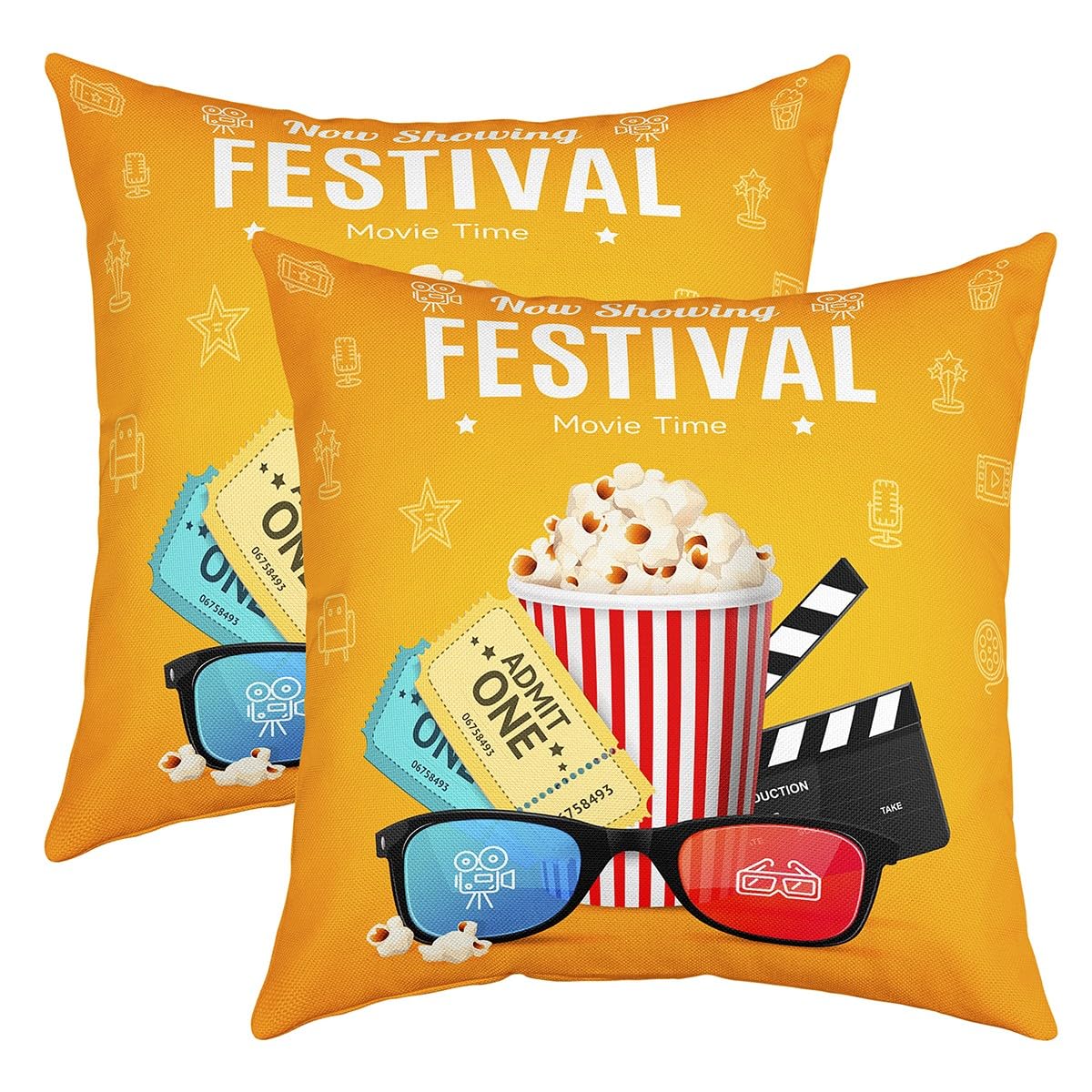 Loussiesd Movie Night Reversible Throw Pillow Covers Movie Theater Decor Pillow Covers Home Decor for Kids Adults Popcorn Square Cushion Covers Set of 2 Cinema Yellow 20x20 Inch