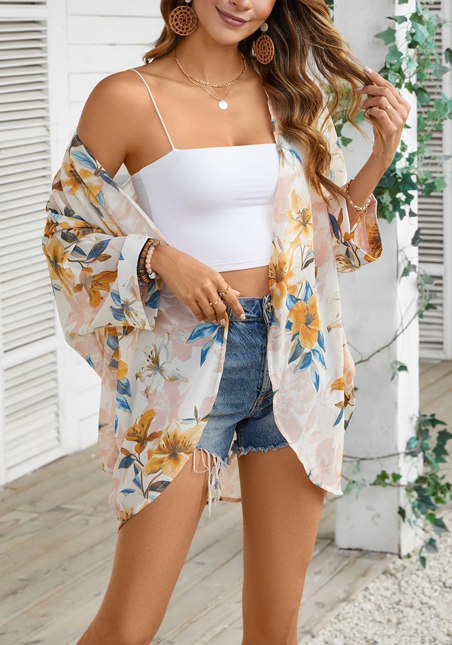 olrain Women's Floral Print Sheer Chiffon 3/4 Bat Sleeve Casual Loose Kimono Cardigan Capes - Image 5