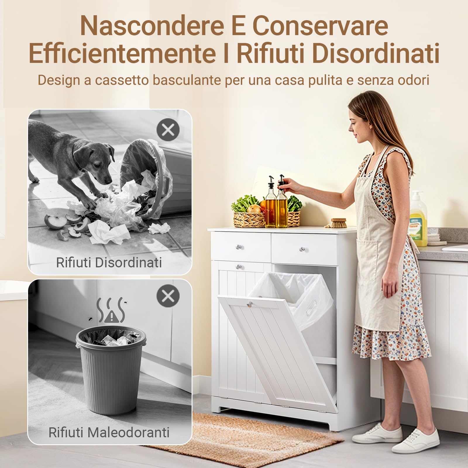 SoBuy Mobile Spazzatura da Cucina con Pattumiera Integrata Armadietto Raccolta Differenziata con 2 Cassetti e 2 Sacchi da 45L Mobiletto Salvaspazio con Chiusura Silenziosa Bianco 78x38x90cm BZR33-II-W