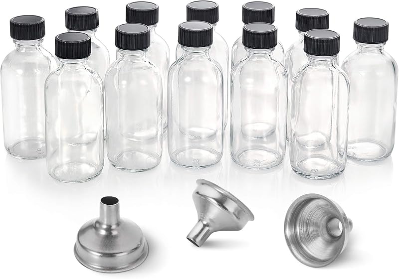 AOZITA 12 Pack, 2 oz Small Clear Glass Bottles w/Lid & 3 Funnels - 60ml Boston Shot Bottles for Health, Immunity, Potion, Wellness, Sample, Ginger, Juice - Mini Personal Care & Beauty Travel Bottle