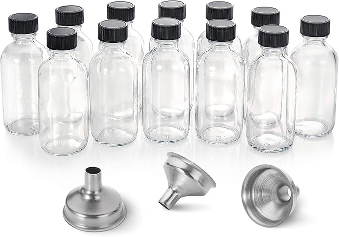 AOZITA 12 Pack, 2 oz Small Clear Glass Bottles w/Lid