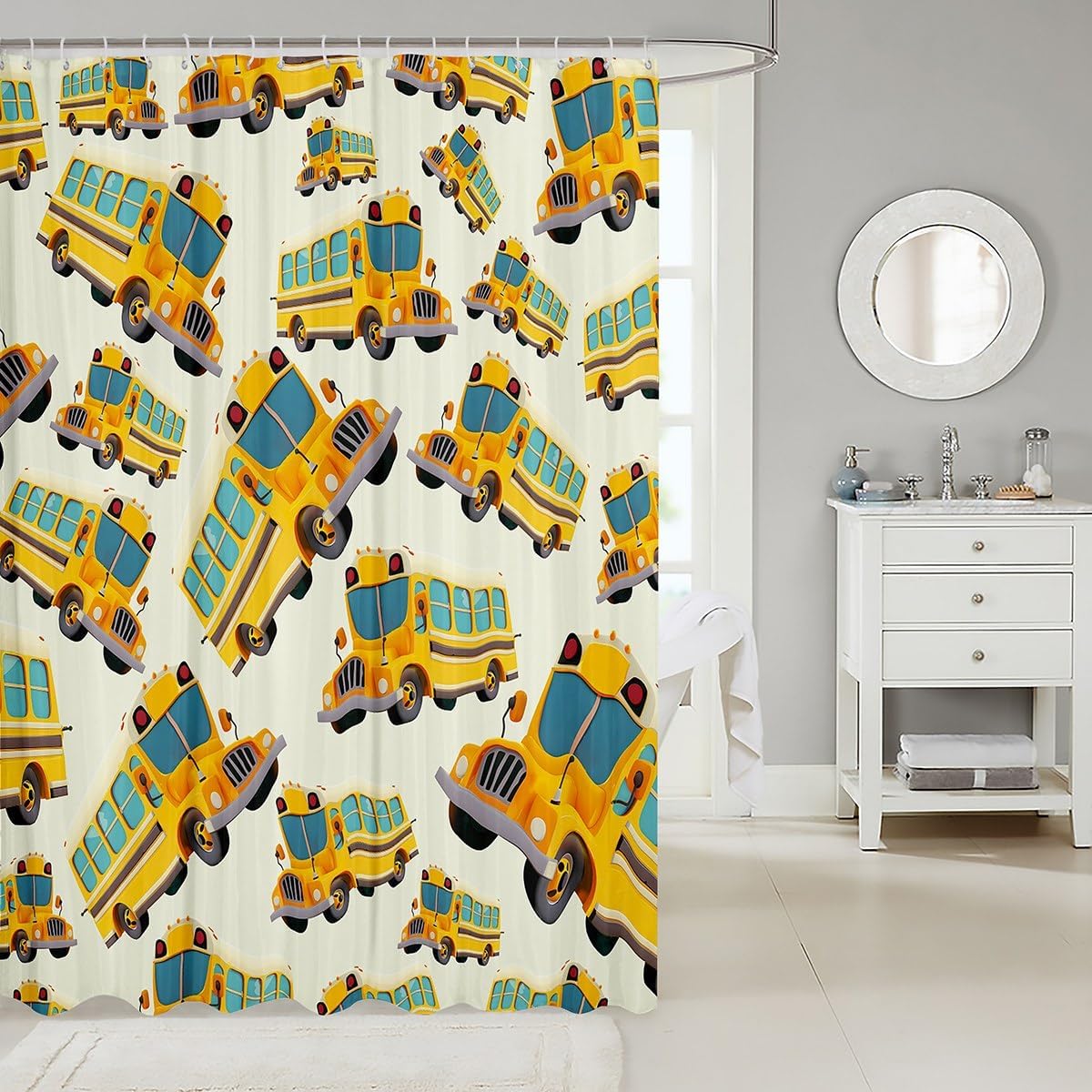 Feelyou School Bus Bath Curtain Yellow Truck Car Shower Curtain for Kids Boys Girls Cartoon Car Bathroom Curtains School Vehicle Bathroom Accessories with 12 Hooks,72x84 Inches