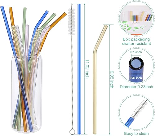 Miniatura 2 de 12 piezas Pajitas de vidrio largas reutilizables y coloridas, 11 pulgadas x 0.315 in y 0.354 x 0.315 in, resistentes a roturas, cada una incluye 3