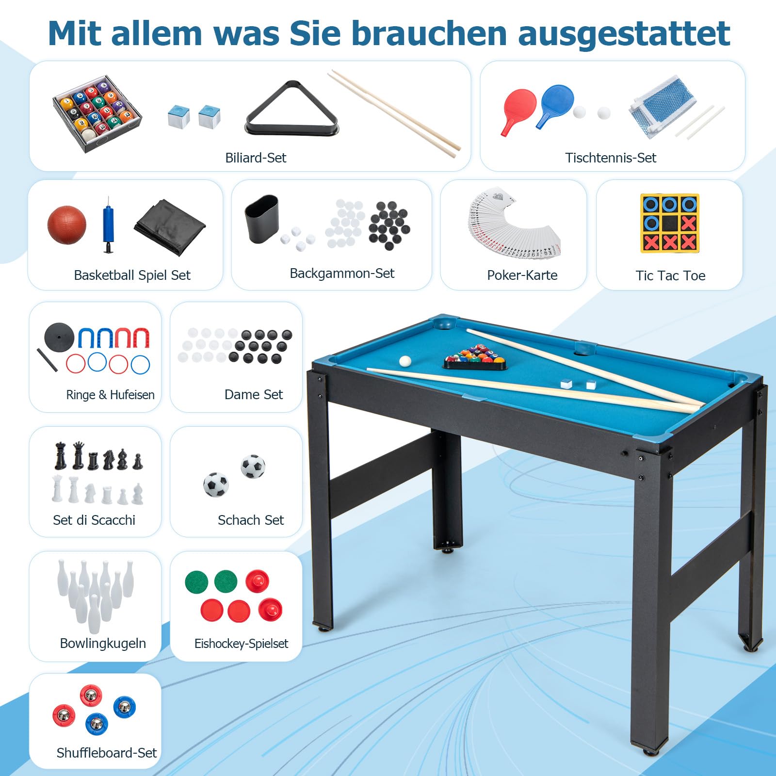 GOPLUS 14 in 1 Spieltisch, Kombi-Tisch für Kinder & Erwachsene | Tischspiel mit Basketball, Billard, Tischfußball, Tischtennis, Hockey, Shuffleboard, Bowling, Schach, Dame & Backgammon