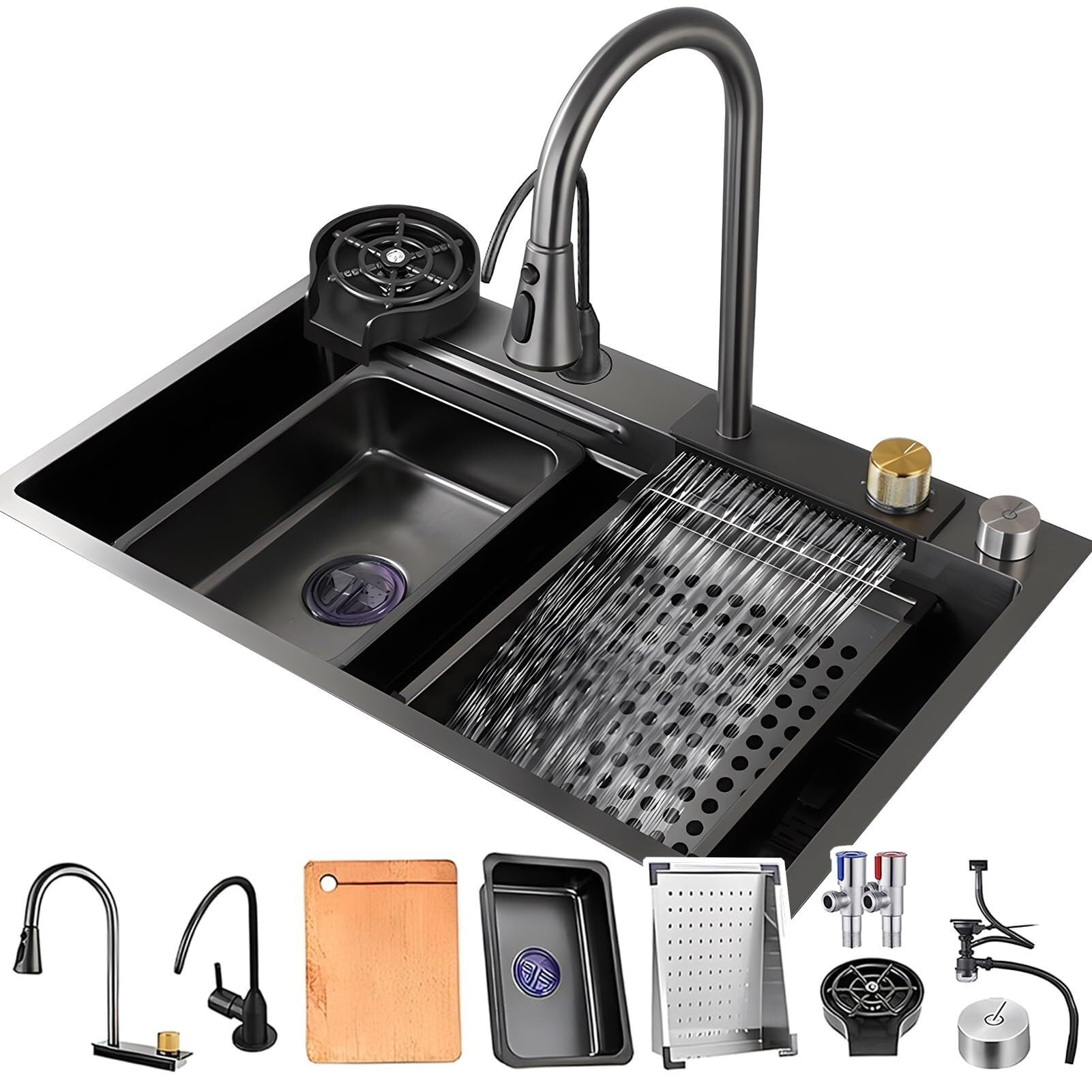 SDdPulse Single Bar Sink Stainless Steel Handmade with Waterfall Tap - Full Set Kitchen Sink for Workstation, Single Colour, 68 x 45 x 22 cm