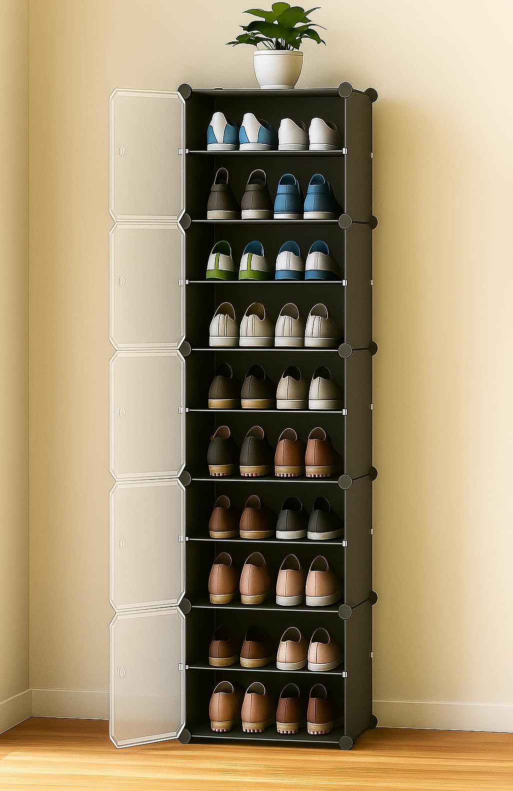 Zemic 𝟏𝟎 𝐒𝐡𝐞𝐥𝐟 Plastic Shoe Rack for Home with 𝟓 𝐃𝐨𝐨𝐫 | Foldable Modular Storage Rack | Dustproof Waterproof Shoe Organizer | Space Saving Footwear Stand for Home, Bedroom, Entryway【Grey】-image-20