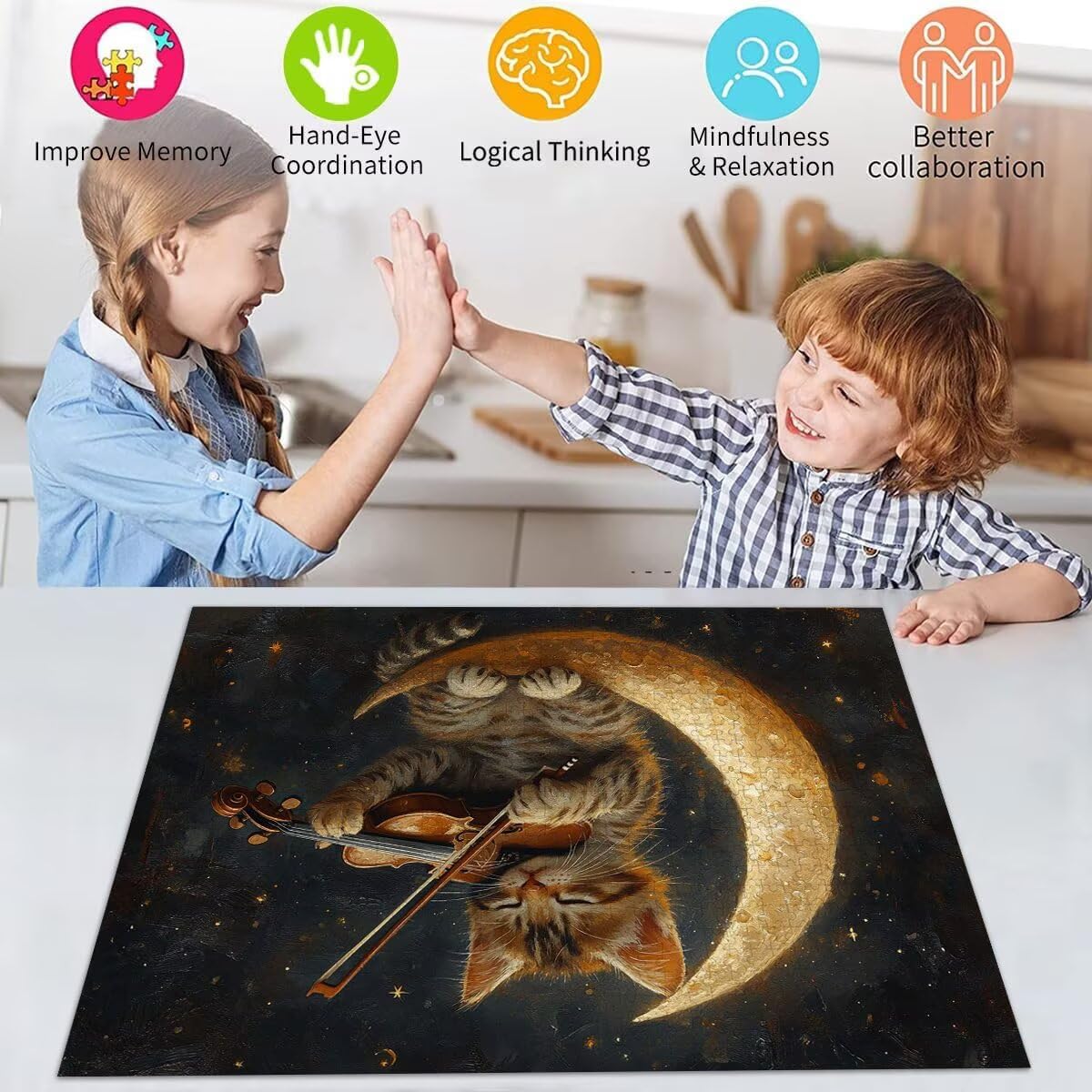 Puzzle Erwachsene 2000 Teile Katze Mond Educa Jigsaw für Kinder ab 8 Jahren Mädchen Jungen, Erwachsene Impossible Klassische Puzzles Schwer, Anspruchsvoll Spielspaß, Als Familienspiel 70x99cm t-704