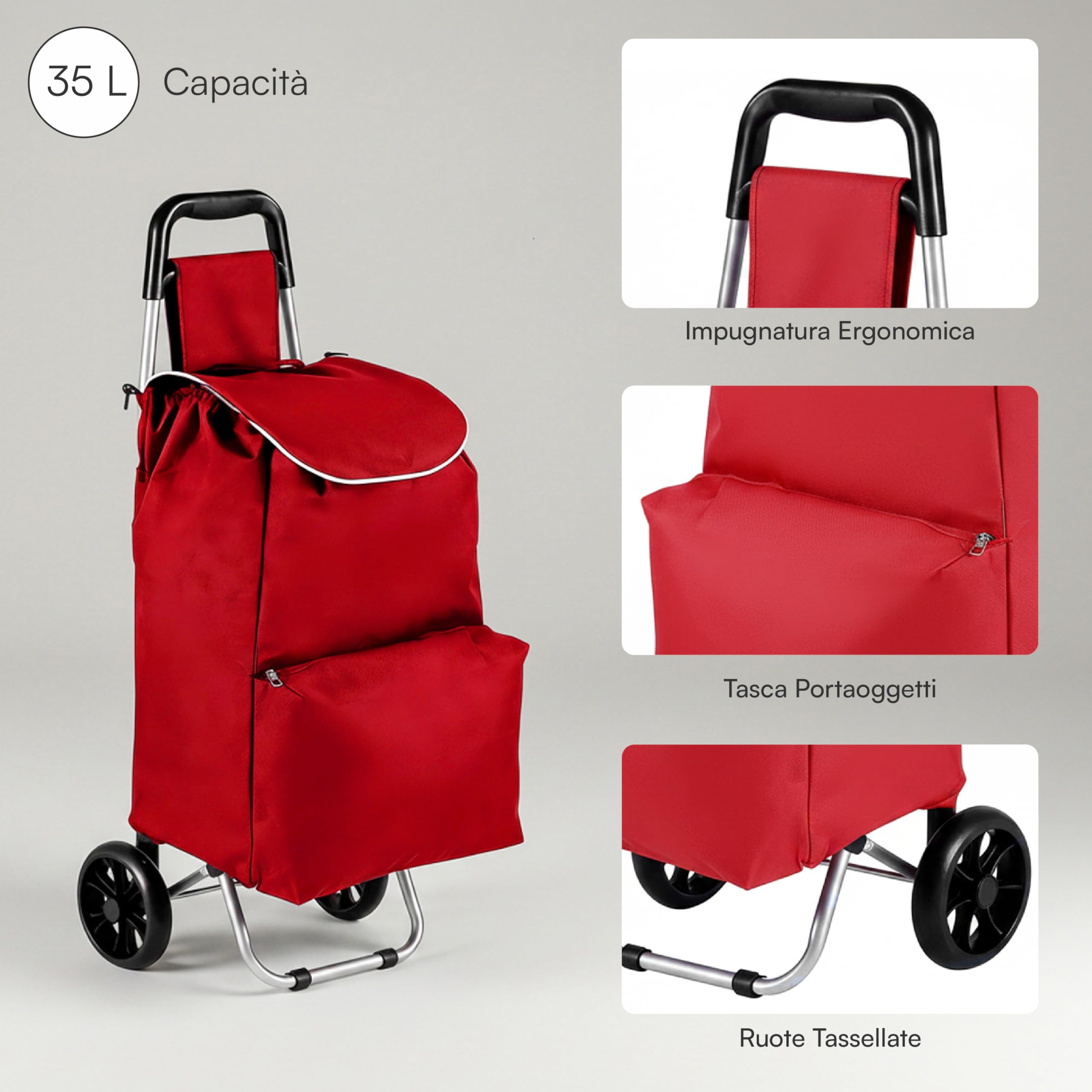 Baroni Home Carrello Porta Spesa 35L, Trolley Spesa con Ruote Tassellate, Impugnatura Ergonomica, Tasca Portaoggetti Frontale, Dimensioni 35x35x94 cm (Rosso)
