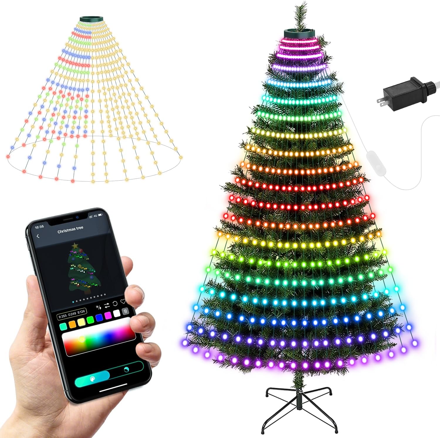 Christmas Tree String Lights Decorations with Ring Smart APP, 400 LED Waterfall Lights IP65 Waterproof Multi-Modes with Remote Color Changing for Wedding Yard Party Home Holiday