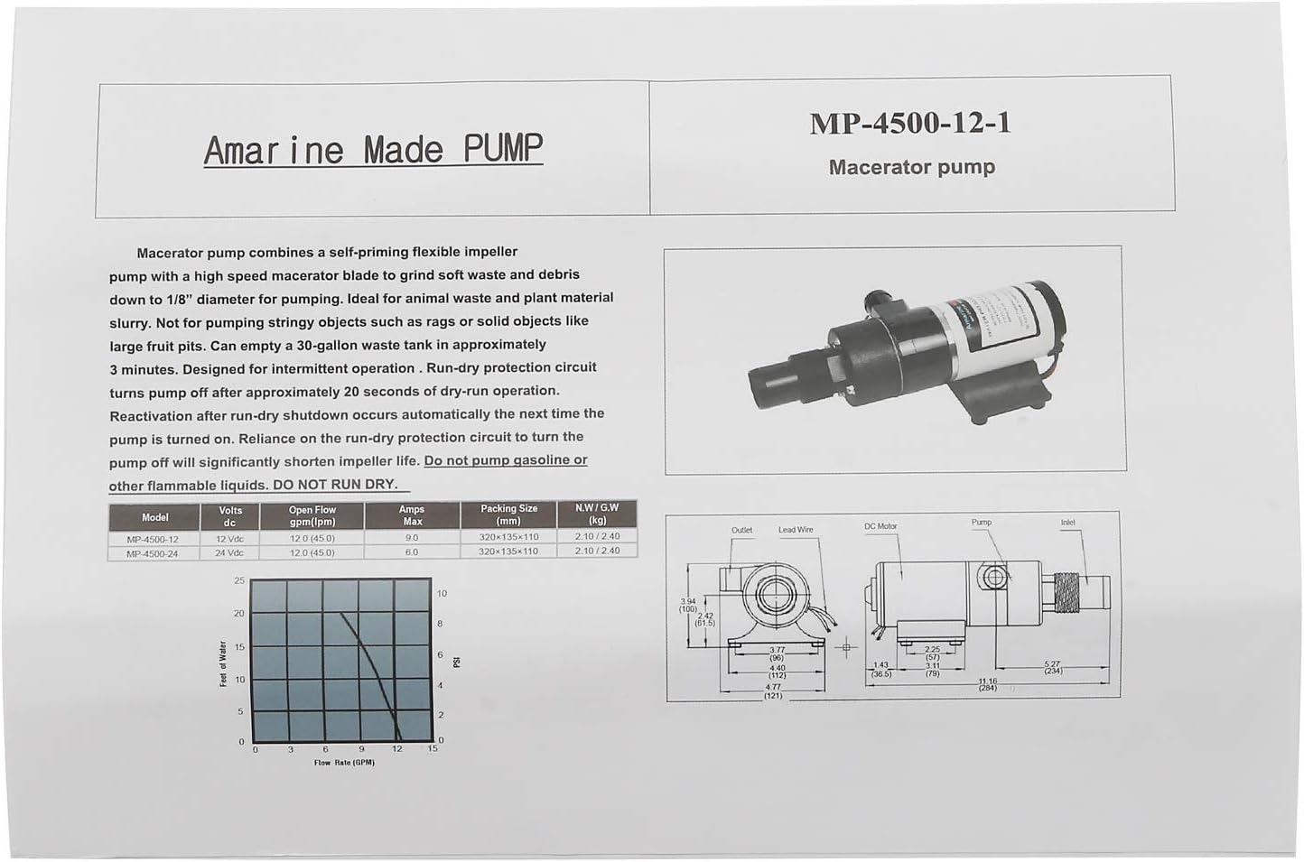 Amarine Made 12V 45 LPM RV Mount Macerator Waste Water Pump for Boat RV Marine Macerator Pump, Self Priming, Run Dry Protection,Waste Evacuation