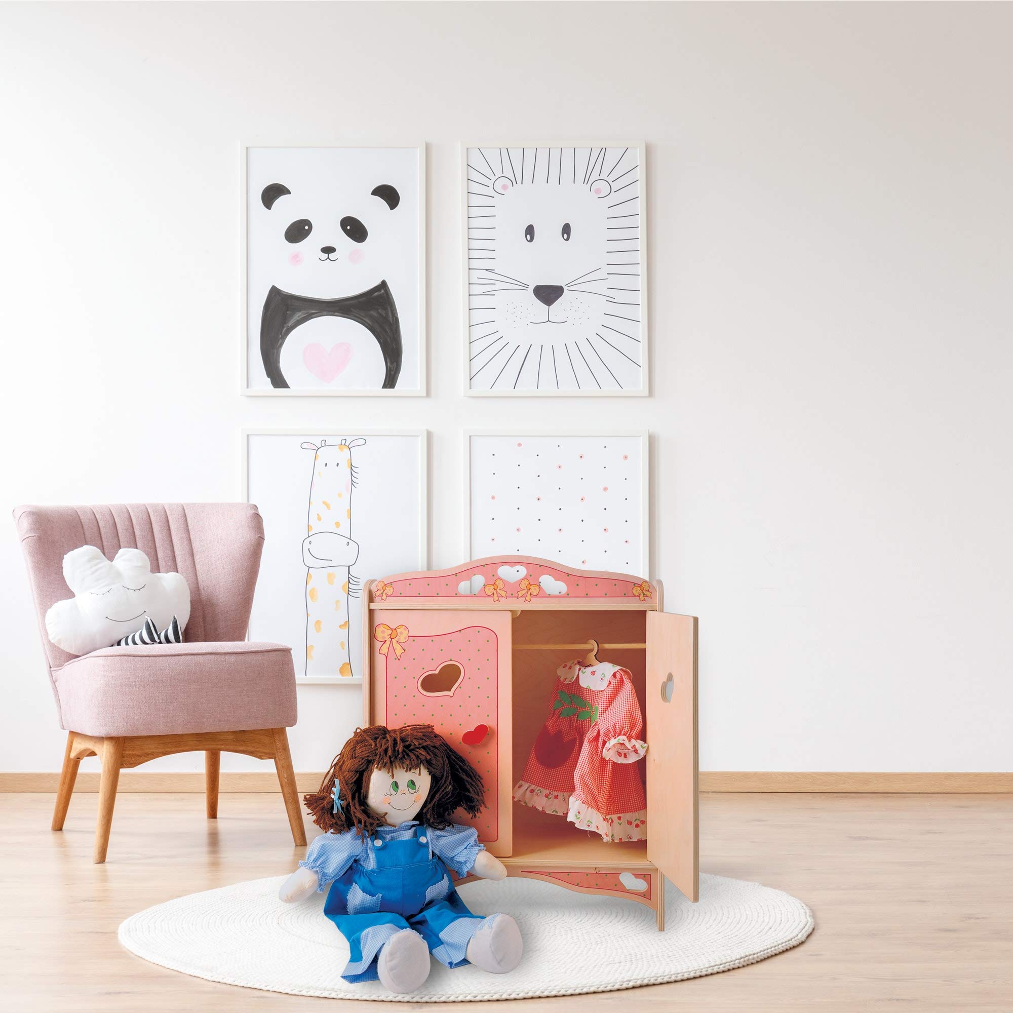 Armadio Per Bambole Pink Small Foot In Legno | Con Ruote, Appendiabiti E 3 Ripiani, Dimensioni 46x25x66 Cm | Per Bambine Dai 3 Anni