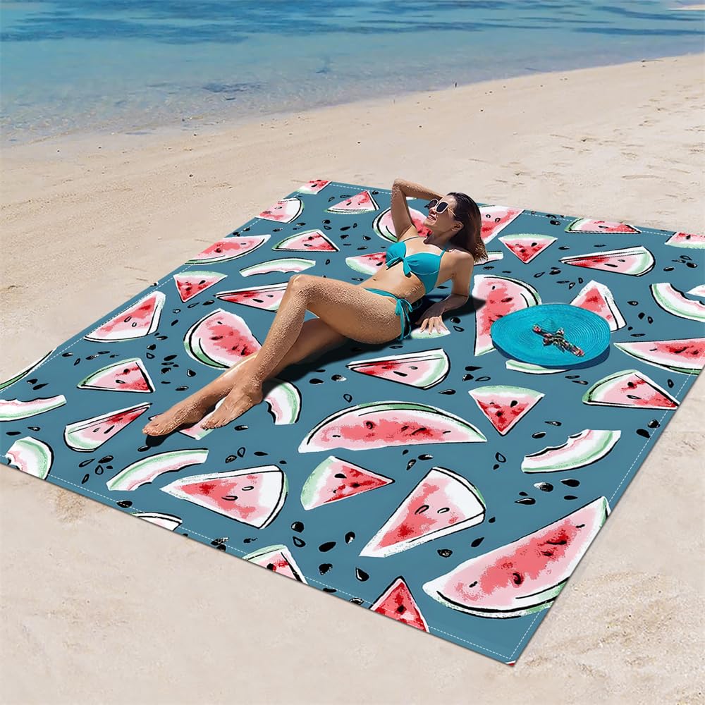 DOTBUY-SHOP Large Beach Blanket, Waterproof Picnic Blanket Portable Foldable Tent Carpet, Beach Mat with 4 Stakes, Sandproof Camping Blanket for Outdoors, Camping (Watermelon,200x240cm)