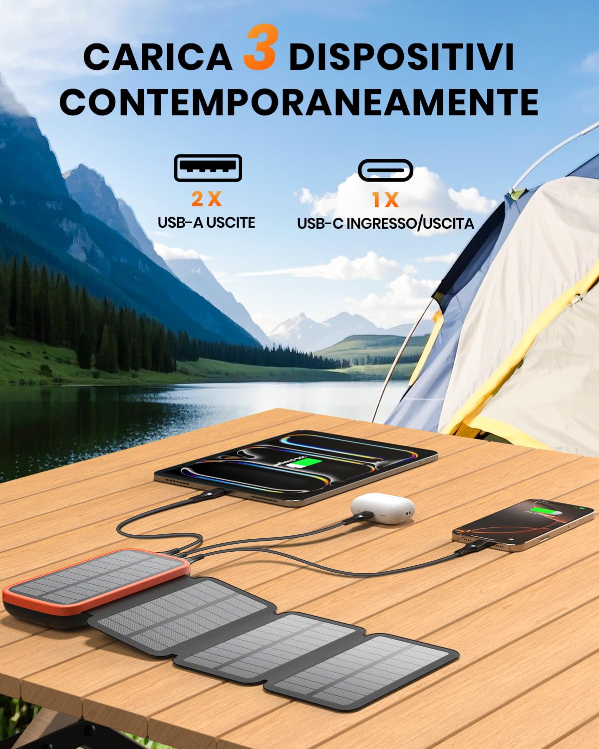 Caricatore Solare Power Bank 27000mAh – FEELLE Caricabatterie Solare con 3 Uscite USB, 3A Ricarica Rapida, Torcia Integrata Super Luminosa e 4 Pannelli Solari Pieghevoli per Smartphone Tablet