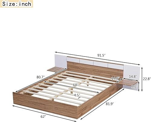 Miniatura 2 de SOFTSEA Marco de cama Queen con puertos USB y enchufes, plataforma de madera con cabecero y estantes