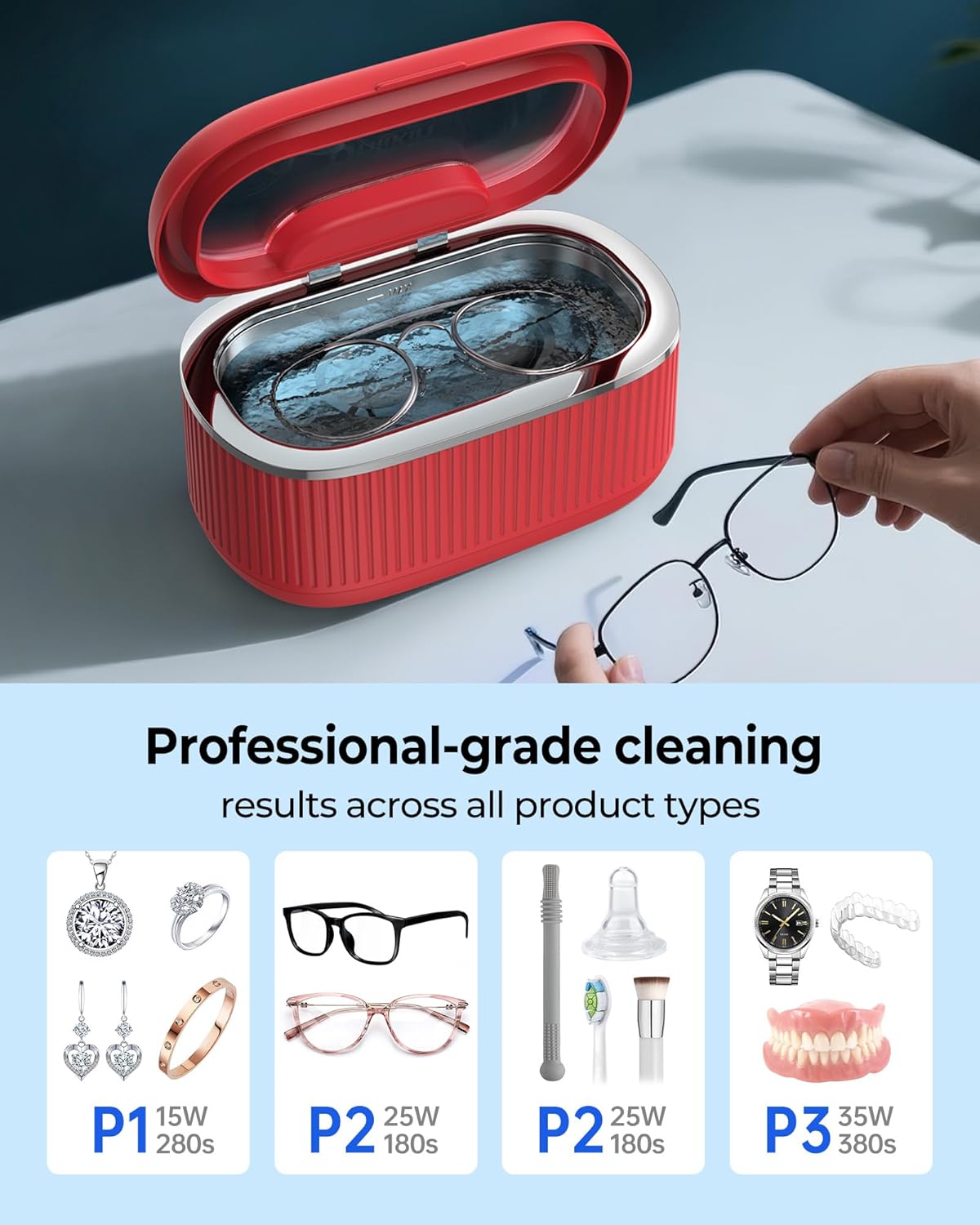 45KHz Ultrasonic Jewelry Cleaner, 5 Timer & 3 Power Modes, 35W Retainer Cleaner for Jewelry, Eyeglasses, Rings, Watch Strap, Dentures - Quiet <38dB, 20oz, 304 Stainless Steel (Red)