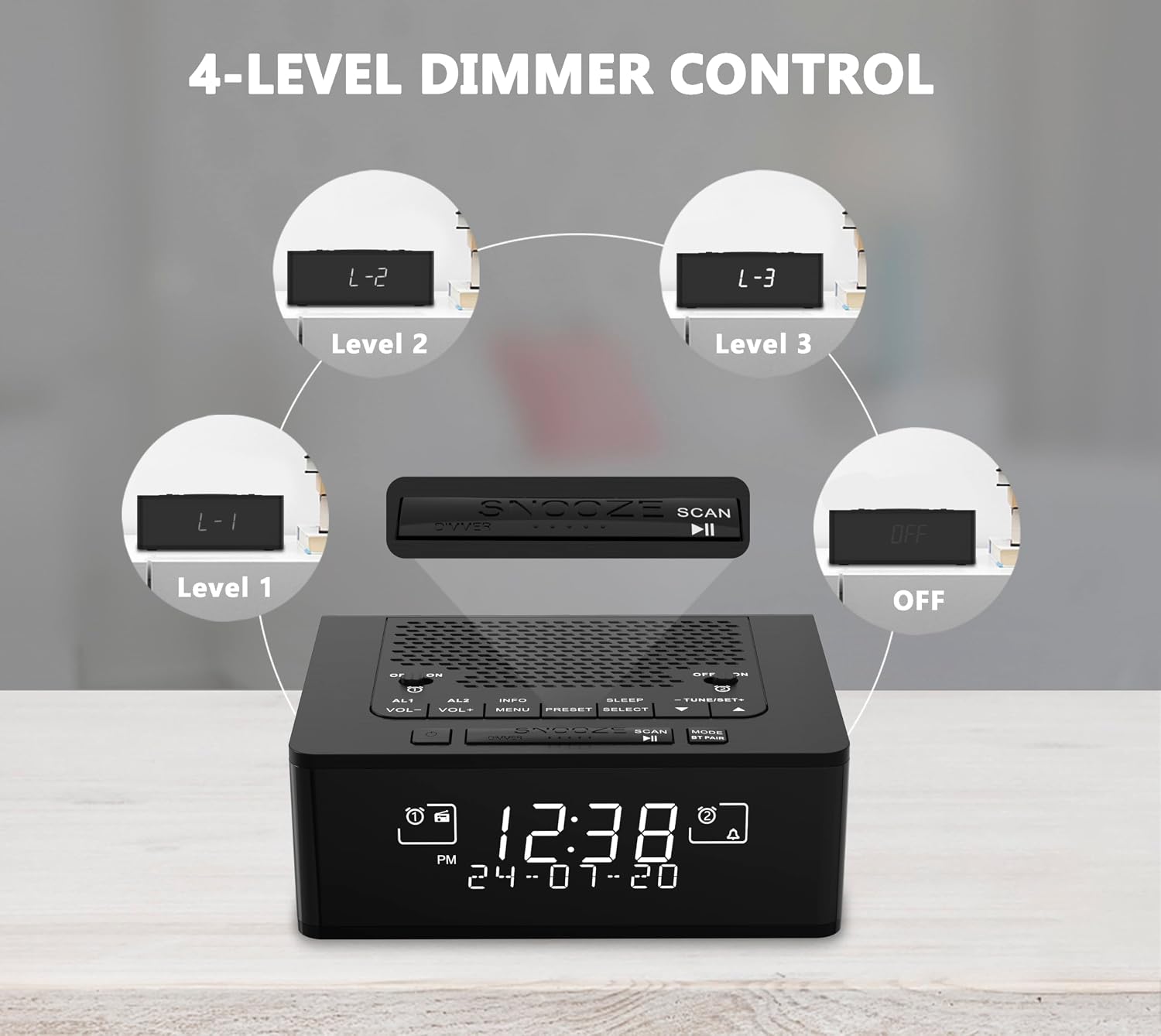 iTOMA DAB/FM Radio Alarm Clock demonstrating 4-level dimmer control.