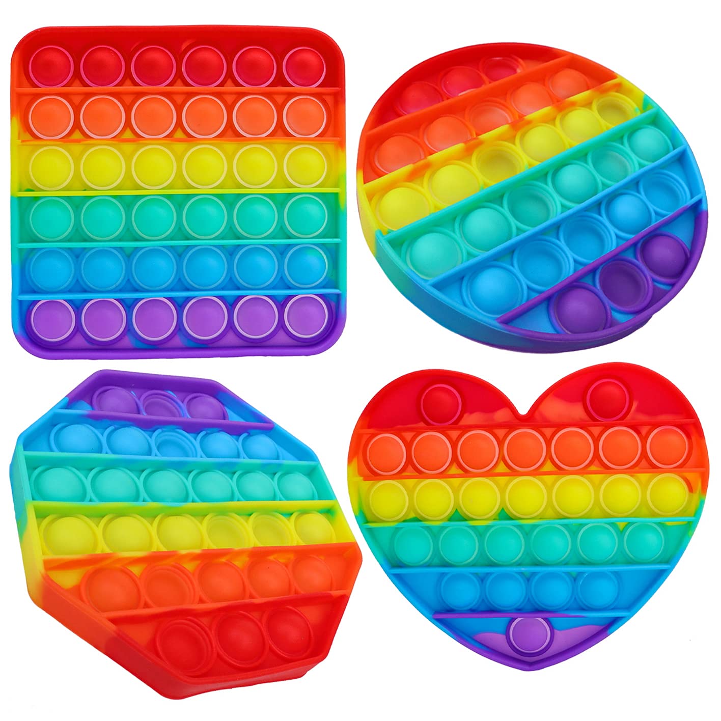 Toyshine Pack of 4 - Circle, Square, Heart and Octagon Fidget Popping Sounds Sensory Toy, BPA Free Silicone Push Bubbles Stress Reliever