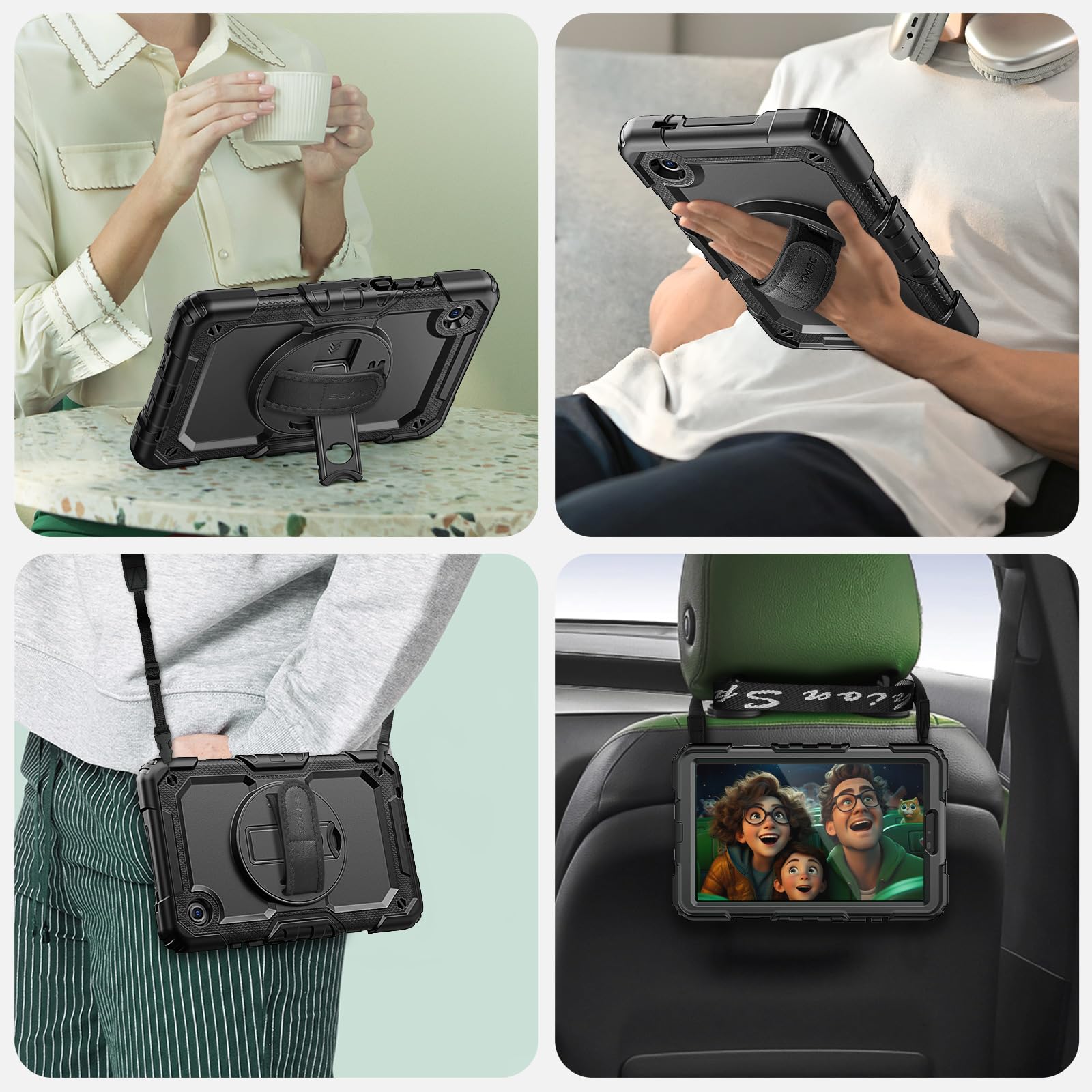 SEYMAC Coque pour Samsung Galaxy Tab A11/A9 8.7 Pouces 2025/2023,Coque Antichoc pour Galaxy A11 avec Protecteur D'écran,Support Rotatif à 360°/Dragonne,Bandoulière,avec Porte-Stylo,Noir