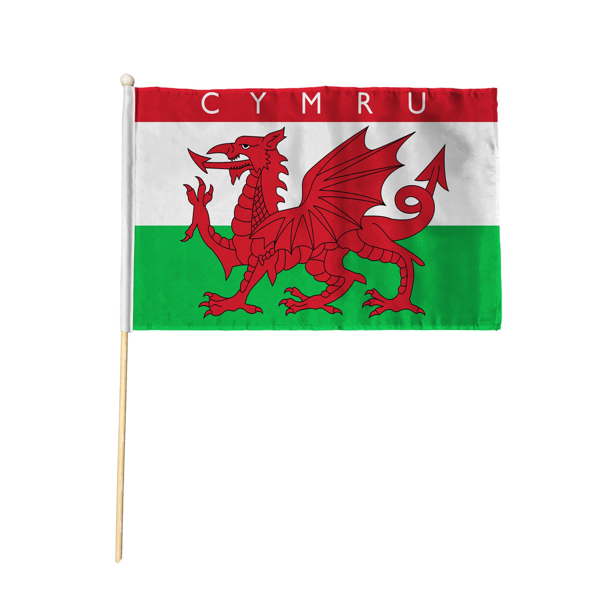 Flagtex Cymru Wales Hand Waving Flag (18x12 Inch Large) - Premium Wooden Stick Hand Flag Big Size Natural Wood Pole Red Green White Dragon Welsh Heritage Flag Events โ image 1