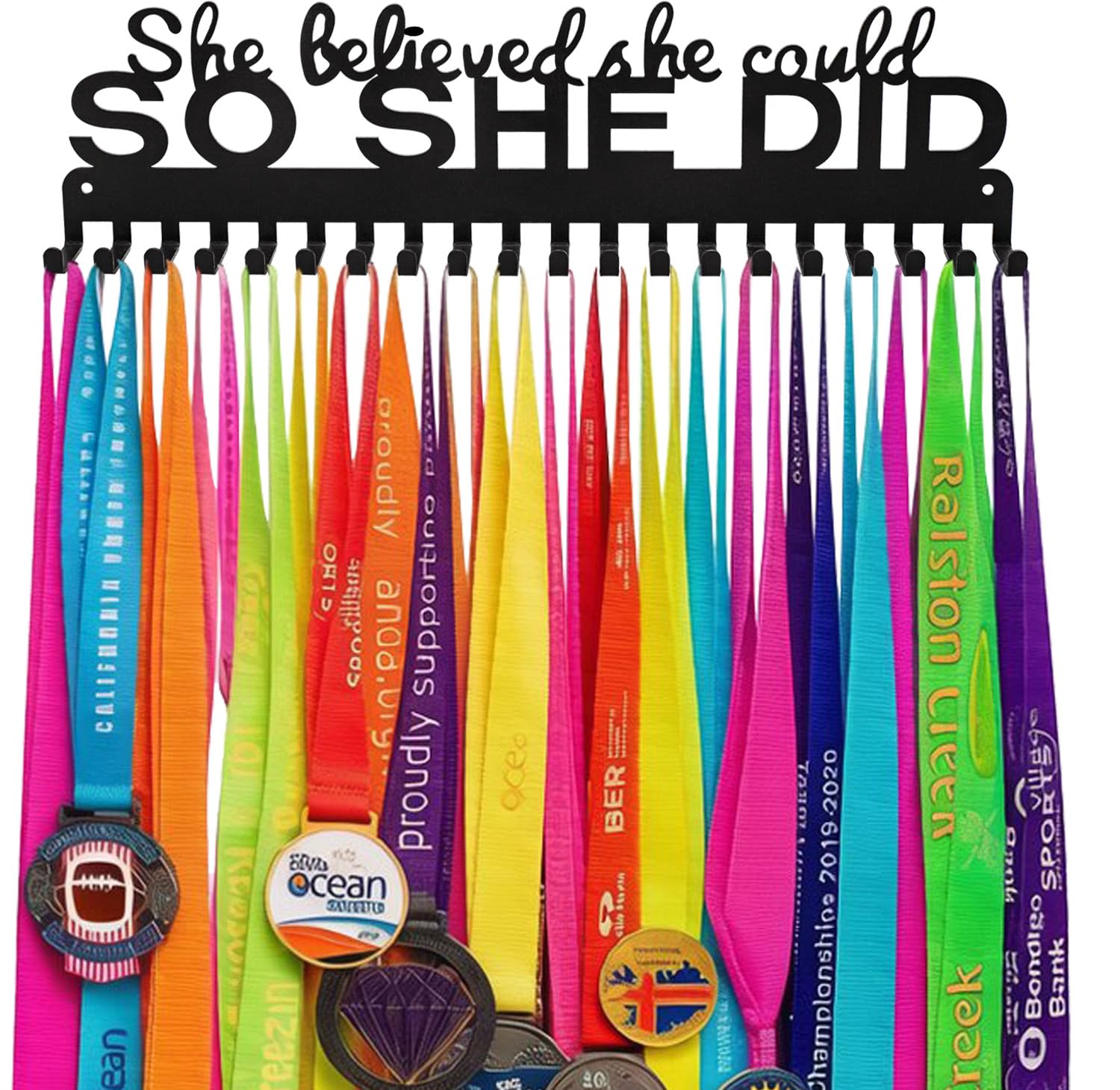 Lapetale Fashion Medal Hanger Display - She Believed She Could SO She Did - Personalized Medal Wall Hanger for Sport Race Runner Sturdy Black Steel Metal Over 60 Medals Easy to Install-picture-10