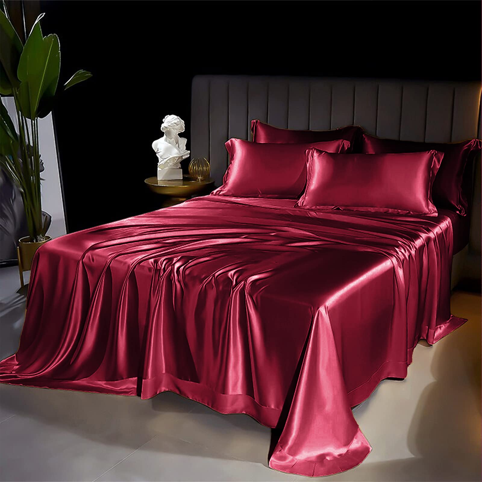 Satin Sheets King Size Red Satin Luxury Super Soft Silky Bedding Sheet Set Silk Bed Sheets Set with 1 Fitted Sheet, 1 Flat Sheet and 2 Pillow Cases- Wrinkle, Fade, Stain Resistant- 4 Piece