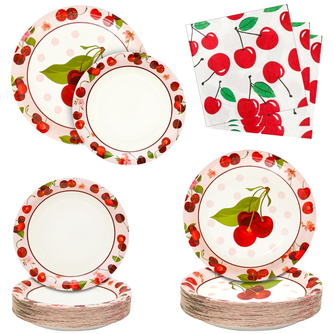 yunhuatdm 180PCS Cherry Party Decorations – Cherry Fruit Party Tableware Set with Disposable Paper Dinner Plates, Dessert Plates & Napkins for Baby