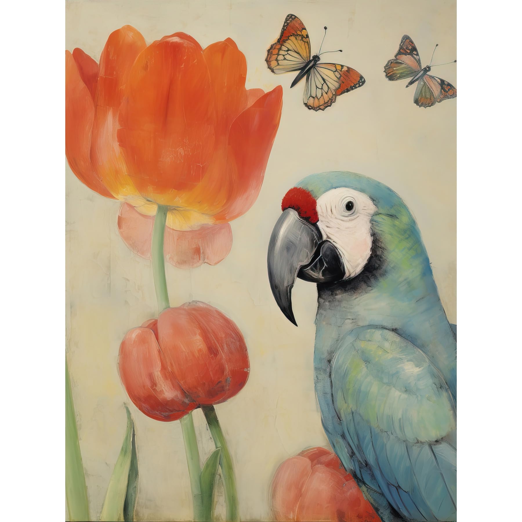 Artery8 Parrot and Tulips Flowers Butterflies Pastel Colour Artwork Floral Spring Oil Painting Large Wall Art Poster Print Thick Paper 18X24 Inch