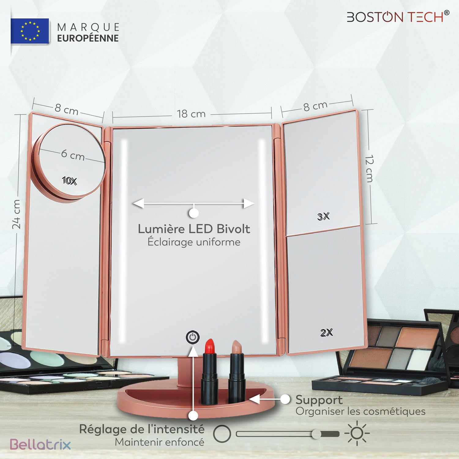 Miroir De Maquillage Lumineux Boston Tech Bellatrix - 1X/2X/3X/10X - 3 Volets + LED + Rotation 180°