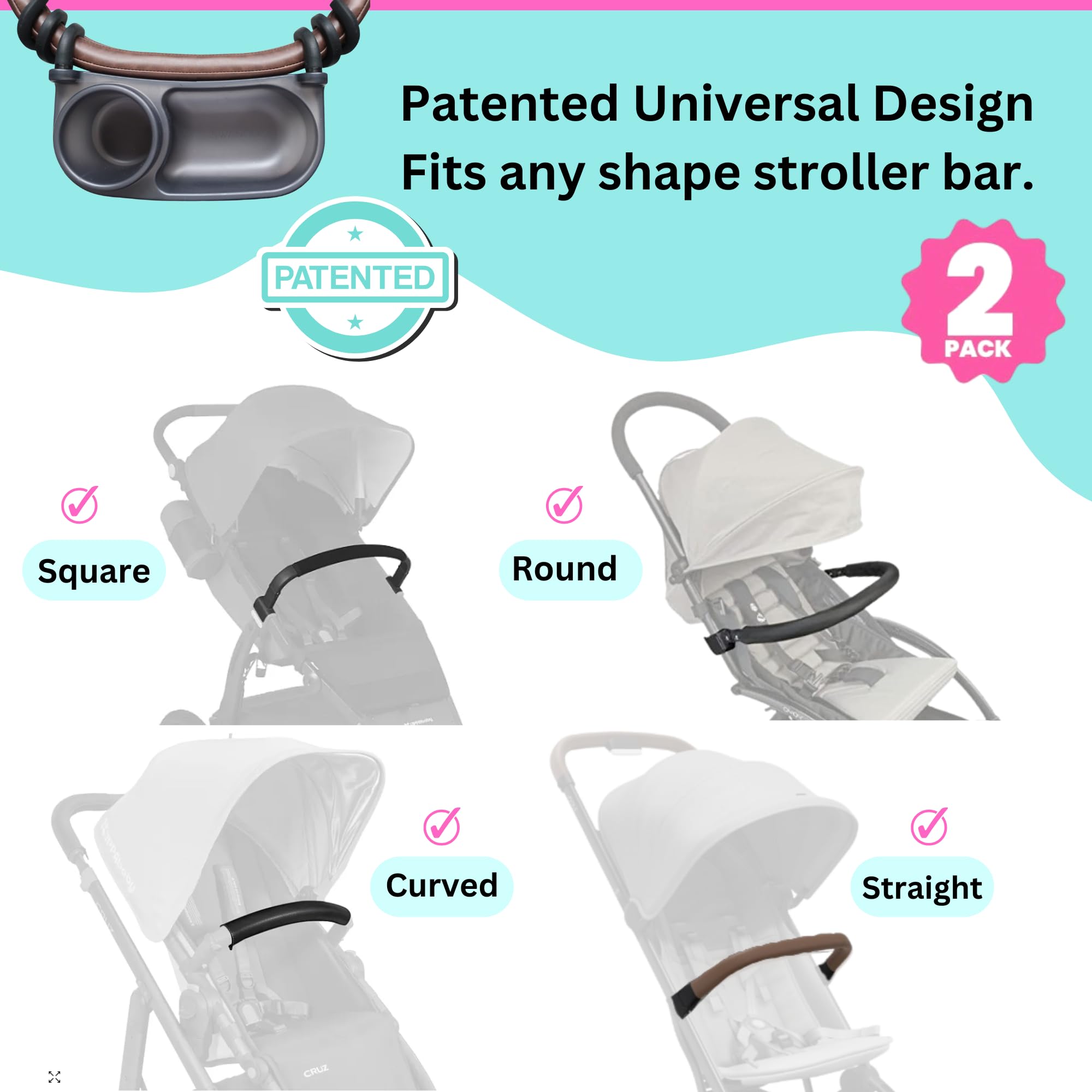 Swanoo Universelles Snack-Tablett für Kinderwagen, Getränkehalter für Kinderwagen, Silikon-Arme, Griffstange, bleibt an Ort und Stelle, Kinderwagen-Befestigung mit Becherhalter für Baby, Kleinkind