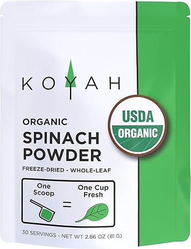 KOYAH - Polvo orgánico de espinacas cultivadas en Estados Unidos equivalente a 25 tazas frescas): polvo liofilizado, de hojas enteras