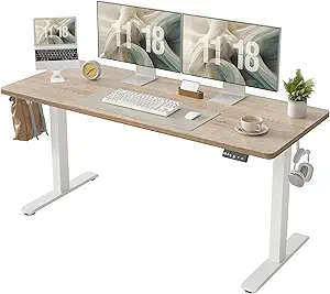 TIQLAB Standing Desk 63 x 24 inch, Electric Height Adjustable Desk with Splice Board, Sit Stand Desk Computer Table for Home Office, White Frame/Maple Top