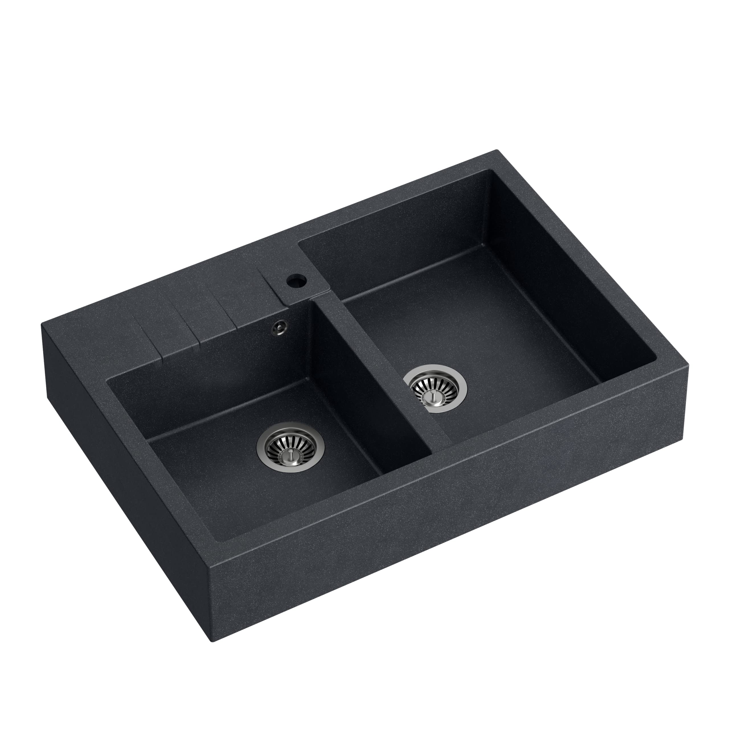 VBChome Spülbecken 90 x 62 cm Bauernhaus-Küchenspüle Doppelschüssel Schwarz Granit Rechteckig Einbauspüle Gesprenkelt Großes Tiefes Becken Granitspüle + Siphon