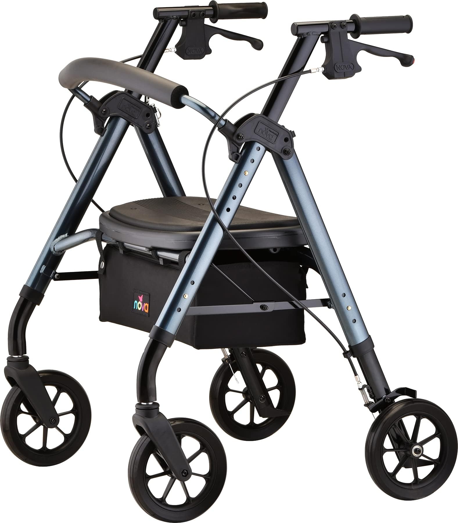 NOVA Star DX Heavy Duty Wide Bariatric Rollator Walker, Extra Wide Padded Seat, 450 lb Capacity, 8” Rugged All-Terrain Wheels, Easy-Grip Locking Hand Brakes, Fold Lock, Height Adjustable, Blue