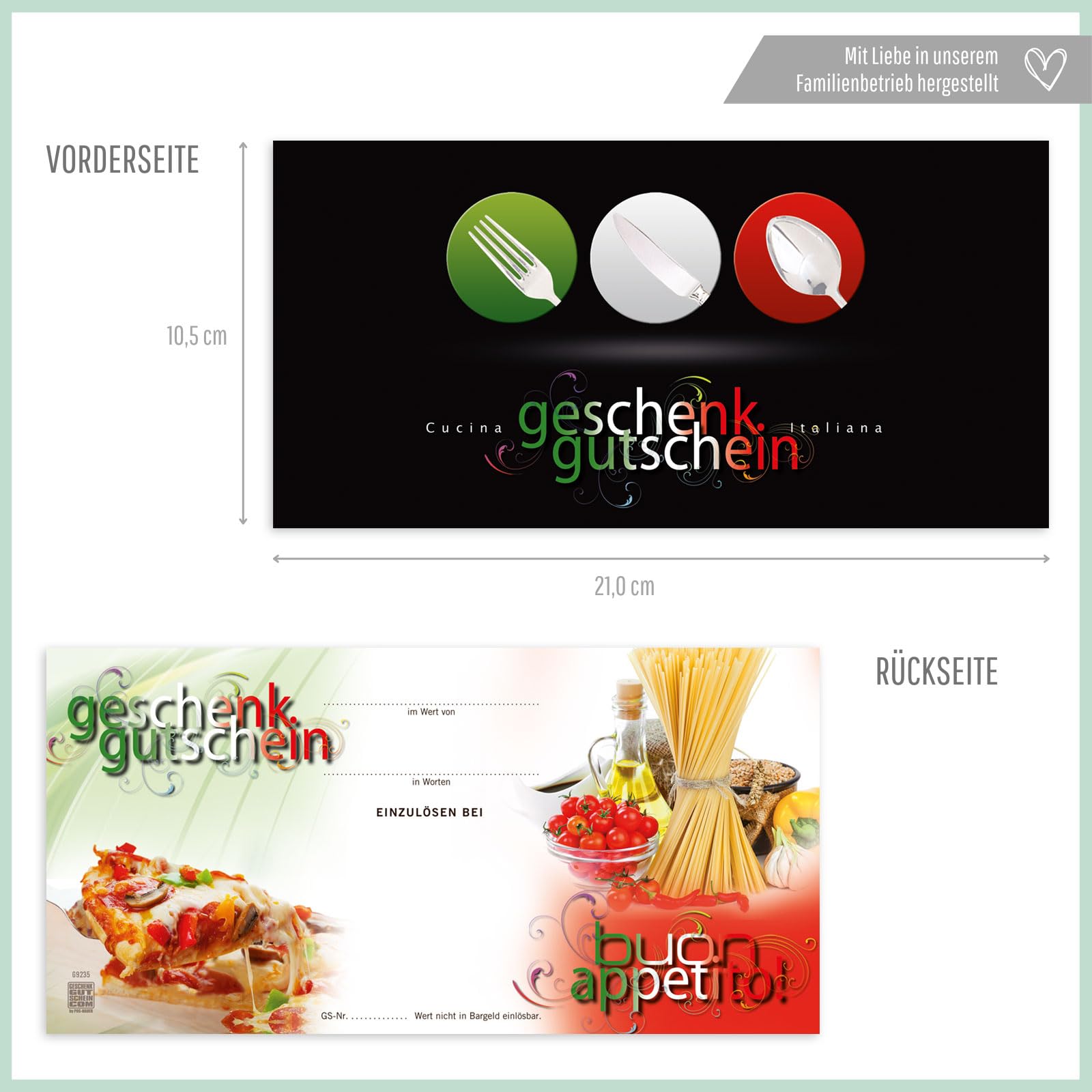 Gutschein-Set. 100x Gutschein + Kuvert. Für Restaurant Pizzeria, blanko zum selber Ausfüllen.