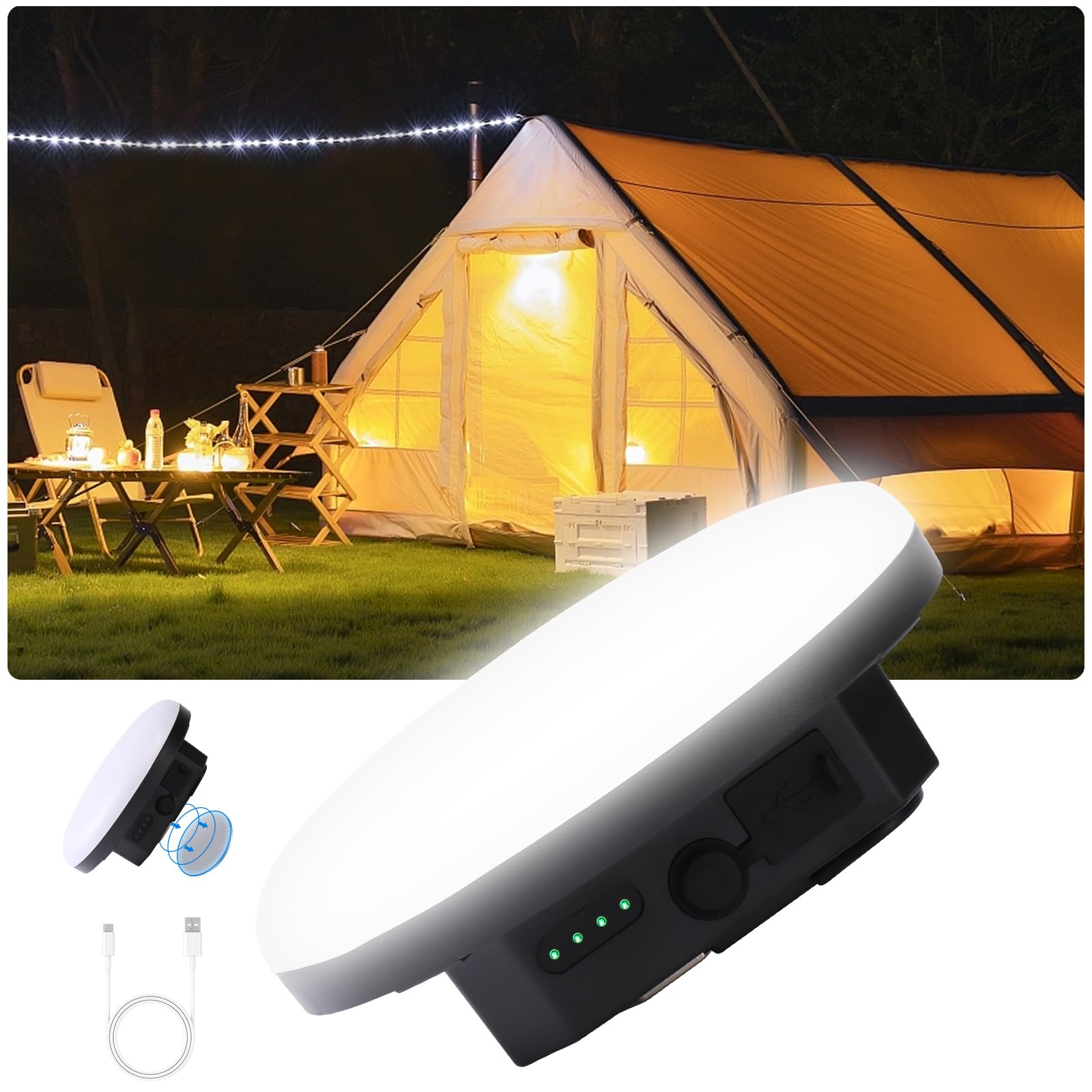 Tent Light Hanging for Camping,Bright LED Rechargeable Portable Lantern for Vendor Booths,Waterproof Outdoor Lights with Battery Power, Camp Lamp Light with Magnet for Outdoor Glamping(Black)