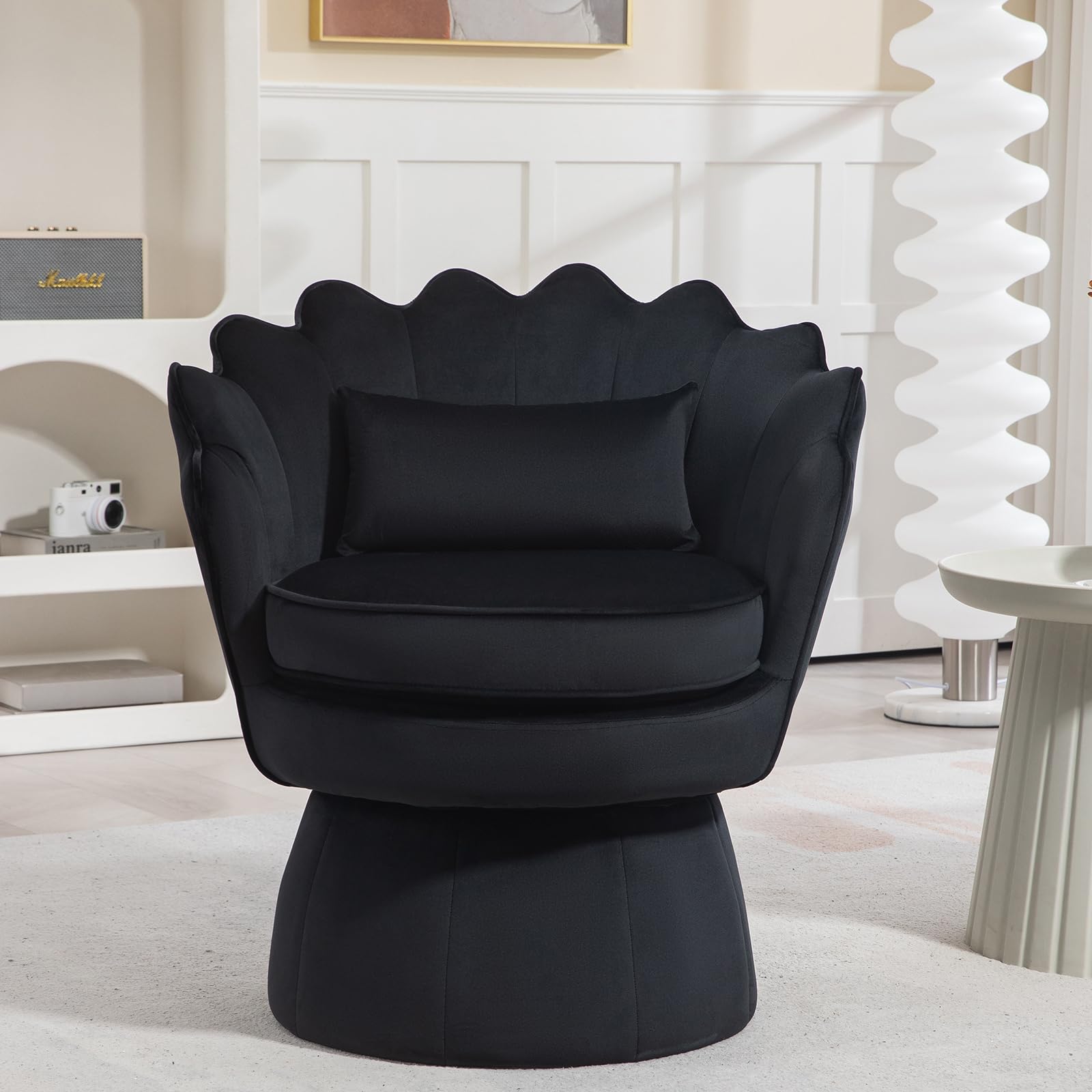 ZJhome 360° Swivel Accent Chair, Mid-Century Modern Velvet Barrel Chair, Comfy Shell Shape Arm Chair with Lumbar Pillow for Living Room, Bedroom,