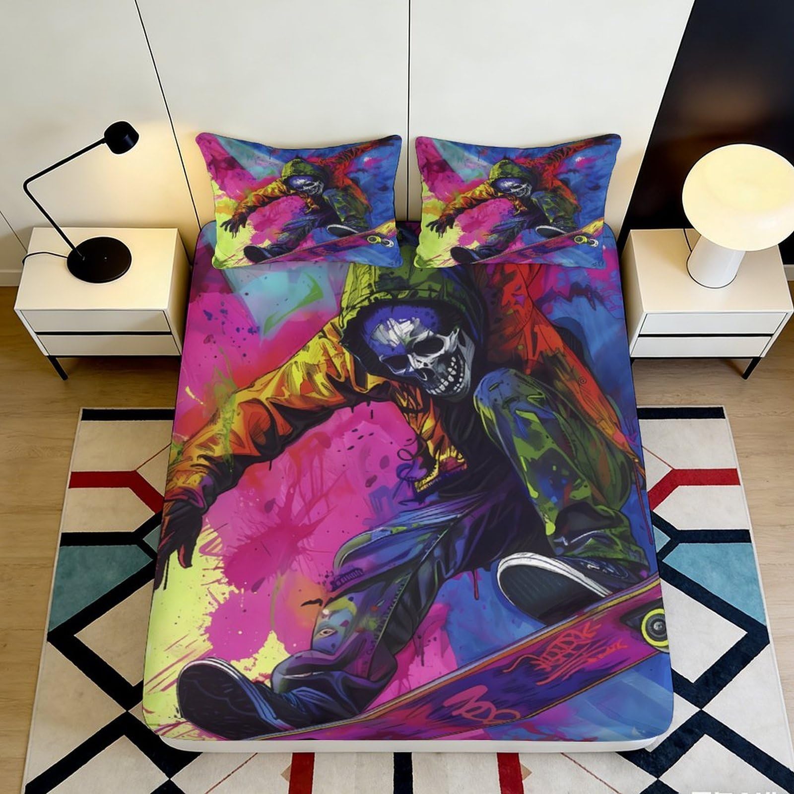 3D Printed Graffiti Skateboard Fitted Sheet Microfiber Non-Slip Deep Pocket Art Bedding Skate Mattress Fitted Cover Washable Home Use 180x200x25cm