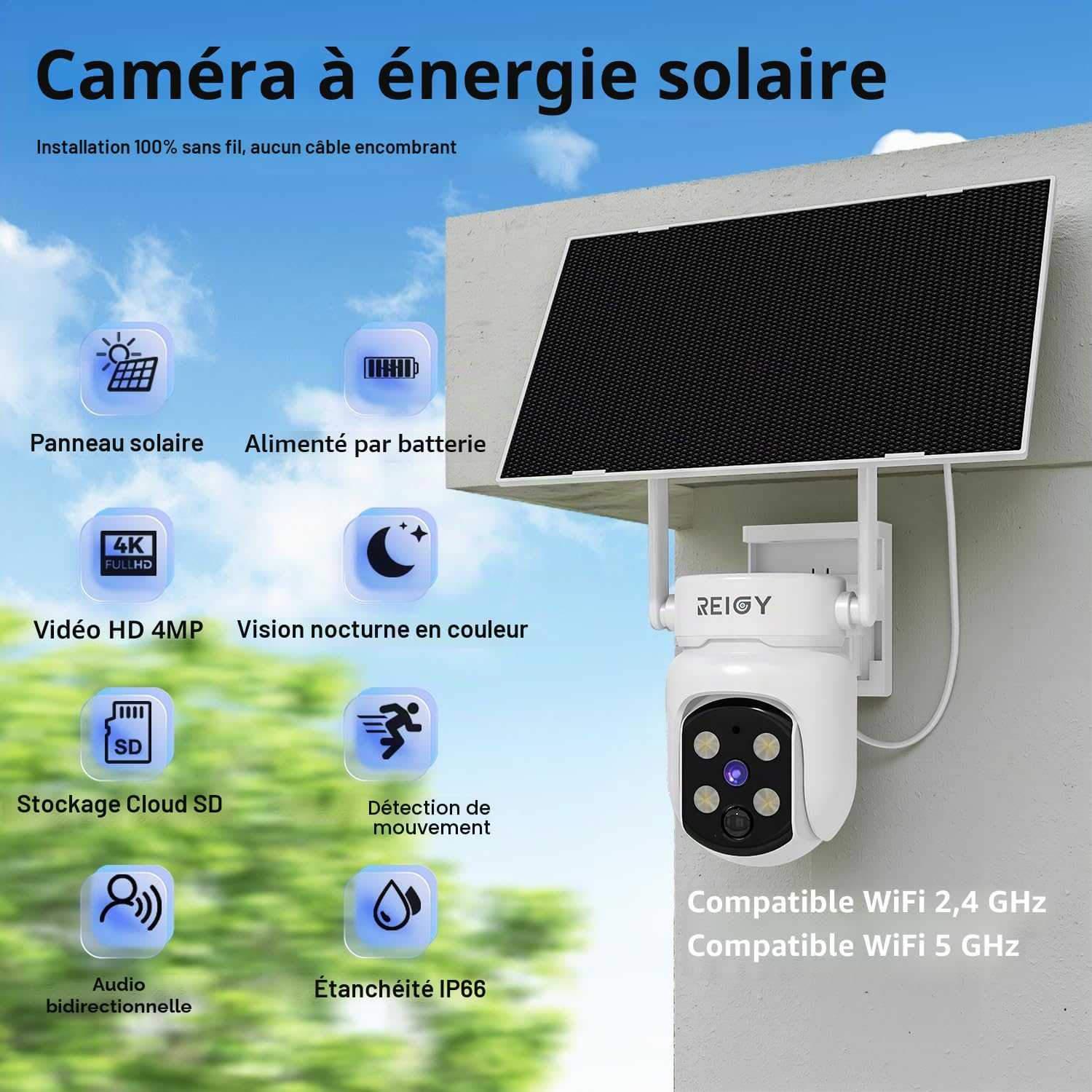REIGY 4MP Caméra Surveillance WiFi Exterieure sans Fil Solaire, Camera Caméra de Sécurité Interieur avec Panneau Solaire, 360° PTZ, Vision Nocturne, Audio Bidirectionnel, PIR Sirène, 2.4ghz/5ghz