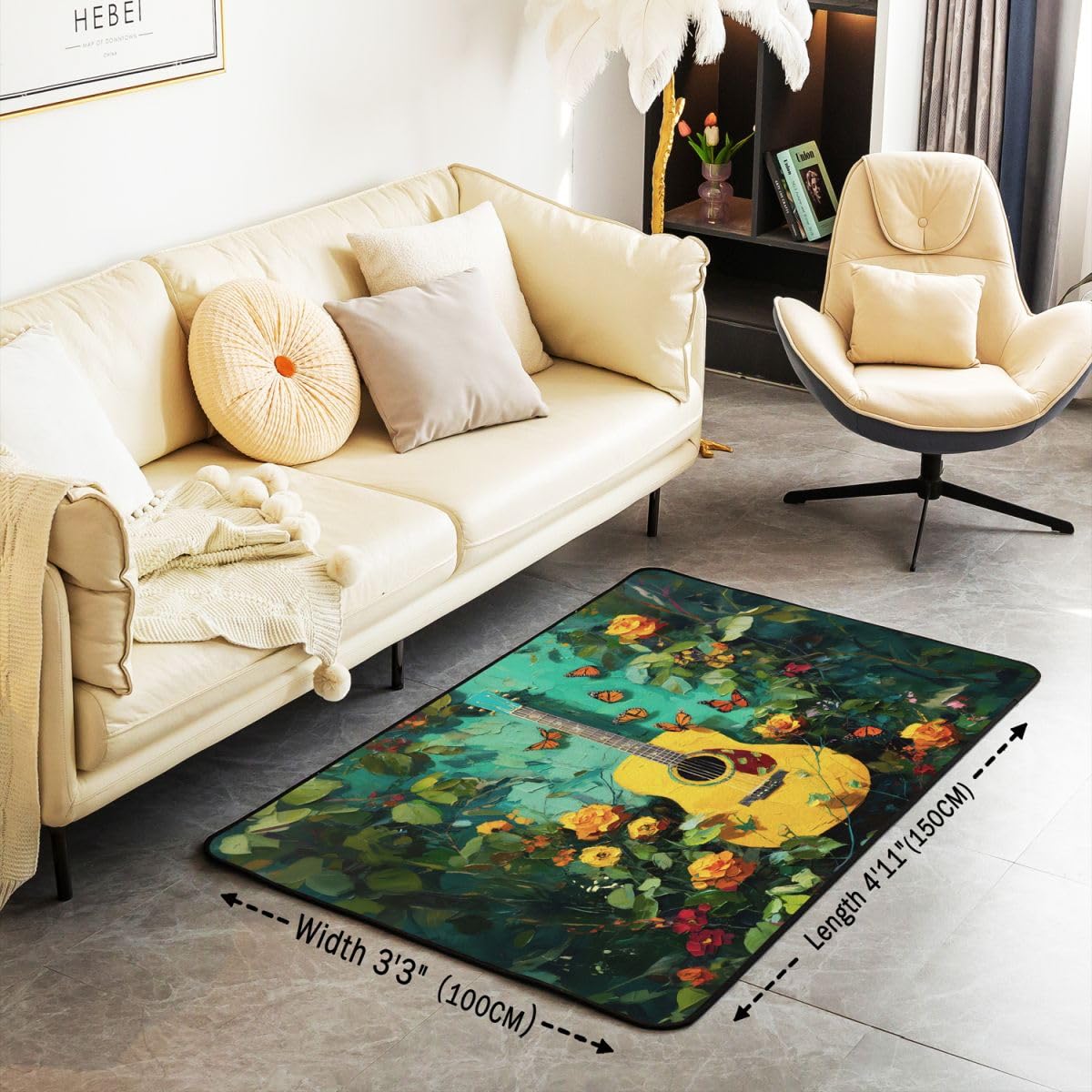 Homewish Tappeto con chitarra musicale, 100 x 150 cm, per camera da letto | Tappeto con motivo floreale e chitarra, per soggiorno, tema musica rock, non perde pelo, verde, stile vintage