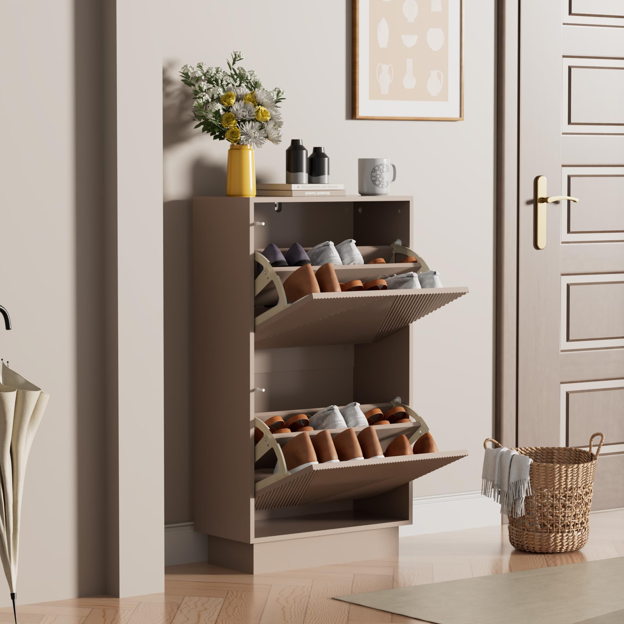 UEV Schuhschrank mit 2 Klappen, Schuhkipper schmal für Flur, Schuhkommode Schuhregal mit Verstellbaren Trennwände & Kippschutz & Drucktüröffner Push to Open, 50x24x91cm (Moka)