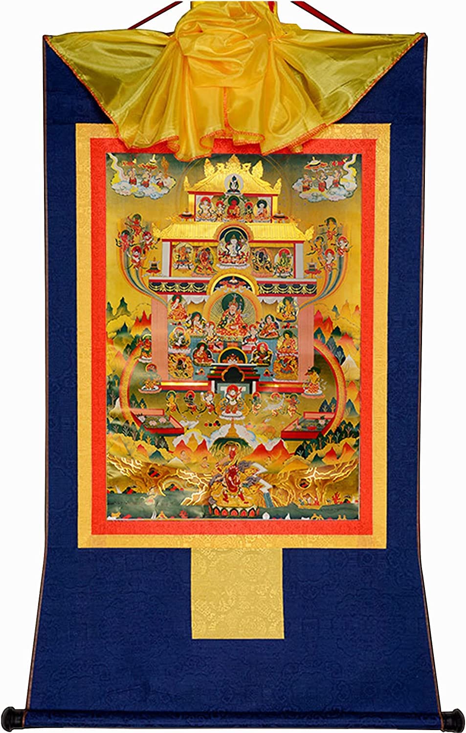 VHKJewE Guru Rinpoche in Pure Land,Elysium of Padmasambhava, Buddhist Thangka Brocade(Blu,Medium(62cm*47cm))