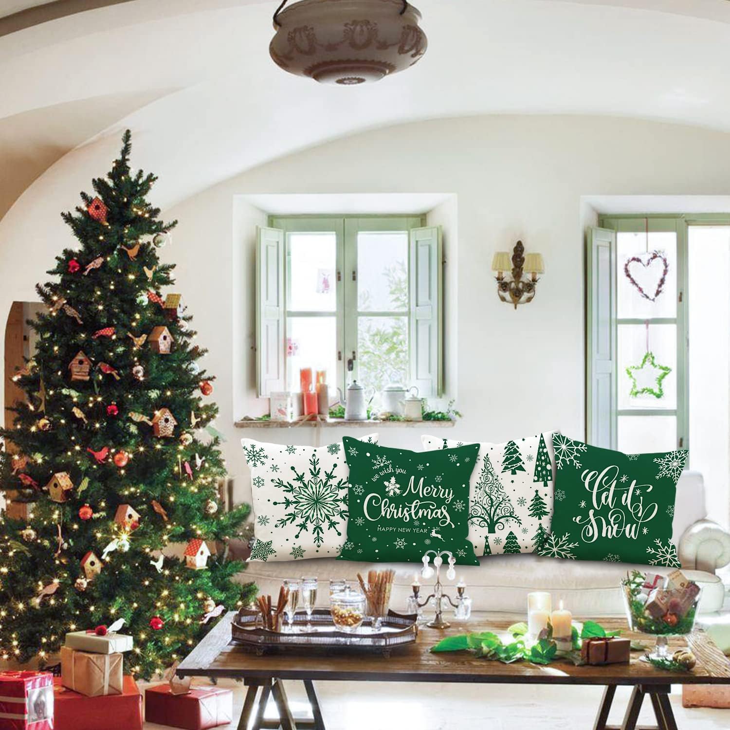 Lanpn Christmas Throw Pillow Covers 26x26 Set of 4, Merry Christmas Winter Xmas Snowflake Decorative Holiday Cushion Pillow Cases 26 x 26 for Outdoor Indoor Farmhouse Home Room Couch Decor (Green)