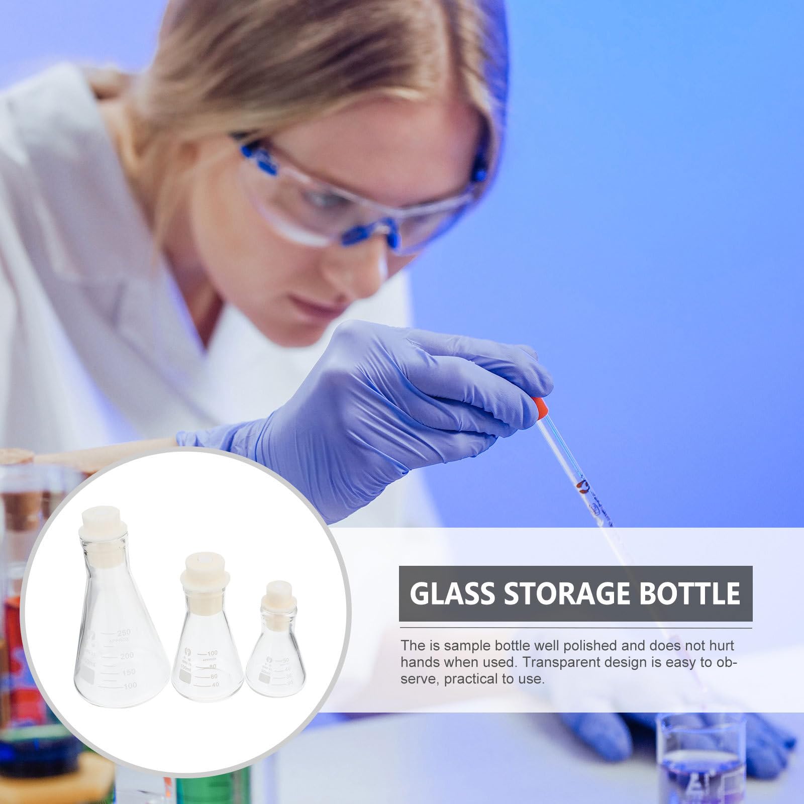 3 Stück Laborkolben aus Glas mit Gummistopfen 250ml Konische Verdickte Kolben Klar Skaliert für Schul und Experimentiereinsatz Zufällige Farbe