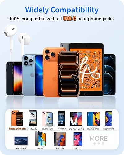 Miniatura 6 de Paquete de 2 auriculares USB C para iPhone 17 16 con micrófono y control de volumen, auriculares estéreo de alta fidelidad tipo C para iPhone 17 16