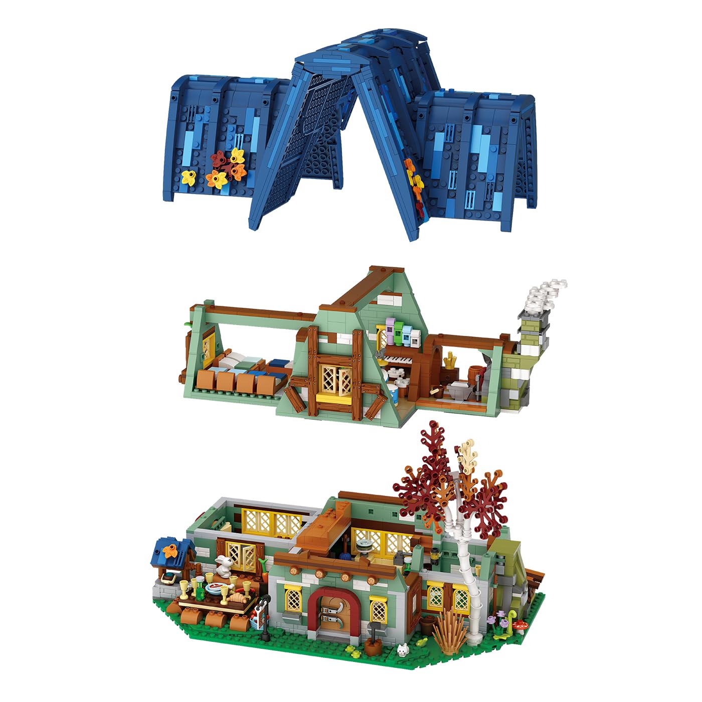 BlueBrixx Märchenhaus Mini Blocks, 2867 Klemmbausteine, 6 Minifiguren | Ab 14 Jahren, kleinerer Maßstab, blaues Dach, roter Blütenbaum, Blumen und Pilze am Sockel, für Sammler, 110154
