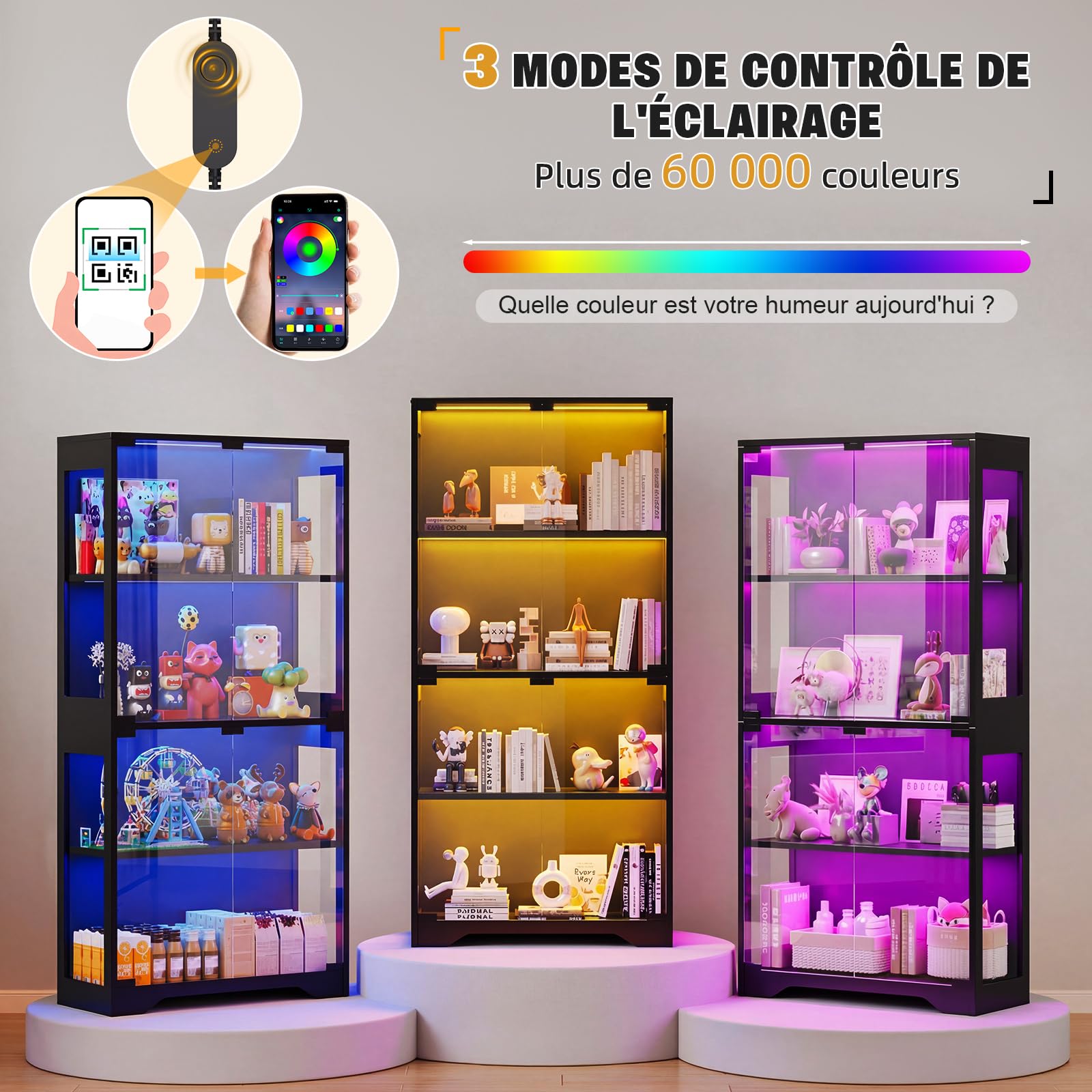 JUMMICO Vitrine en Verre LED Multicolore, Effets Lumineux Dynamiques, Vitrine Salon pour Collections avec 4 Niveaux, 80 x 35 x 165,5(H) cm Noire