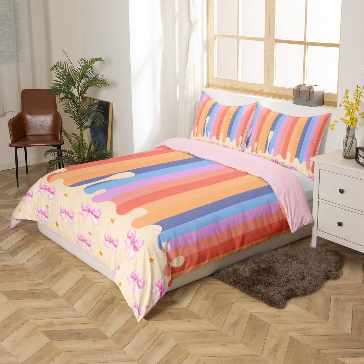 Erosebridal Pink Bowknot Duvet Cover Toddler for Kids Girls,Rainbow Bedding Set,Romantic Bed Sets,Princess Striped Reversible Quilt Cover with 1 Pillowcase Ultra Soft