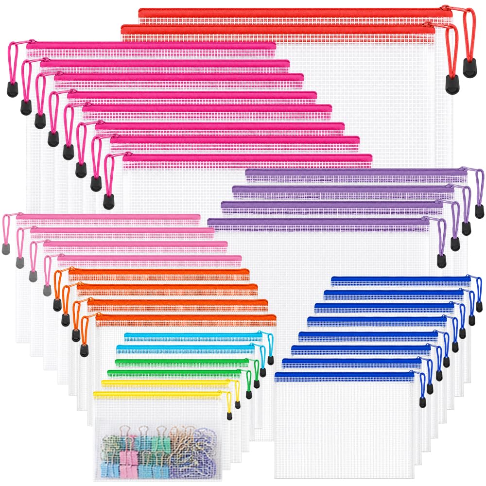 Buste con Zip, 36 Pezzi Porta Documenti in 8 Misure Assortite | Robusto, Impermeabile, Codice Colore, Trasparente, Zip Scorrevole, Ideale per Scuola, Ufficio, Casa e Viaggio